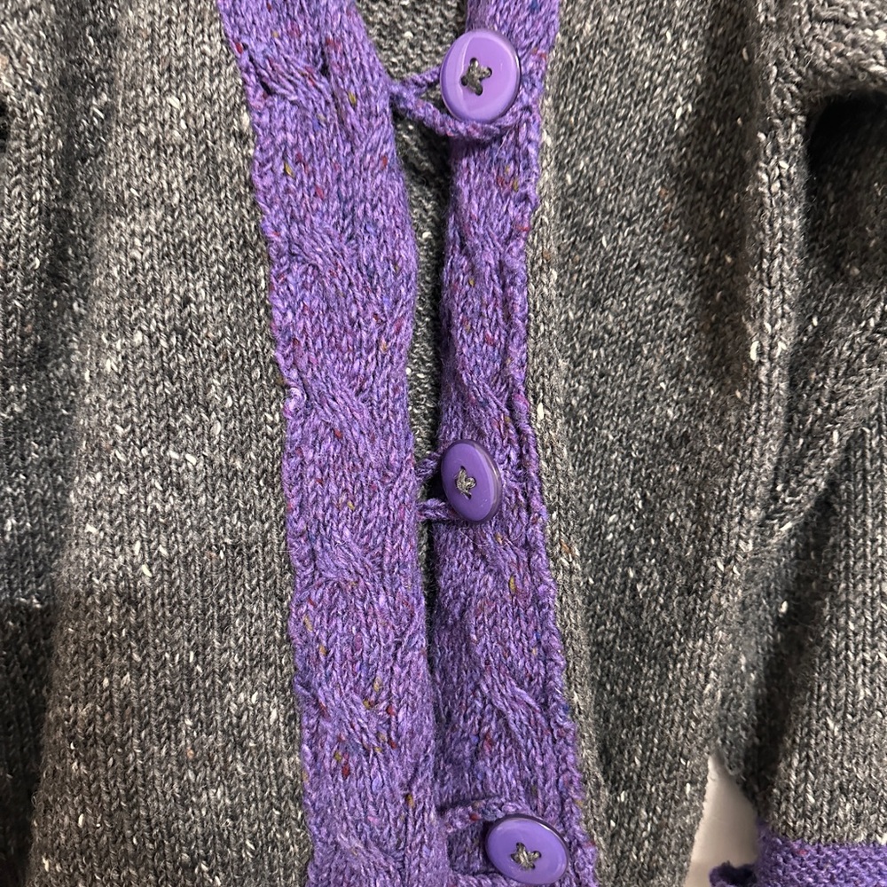 Aran Crafts Gray Cardigan with Purple Trim - Picture 2 of 12